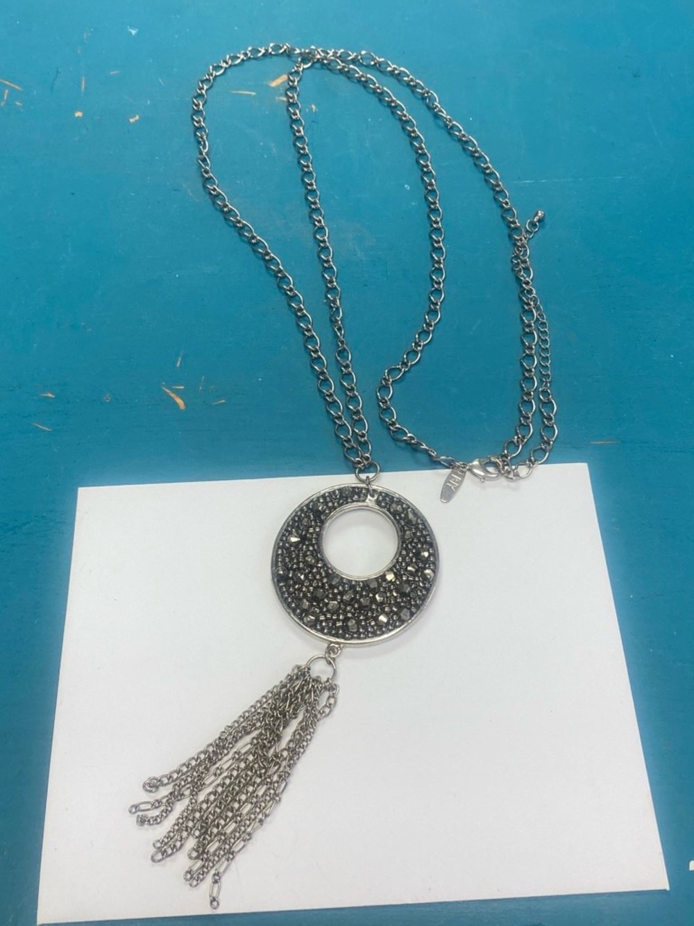 New York & Company Silver-Tone Black Crystal Circle Tassel Pendant Necklace